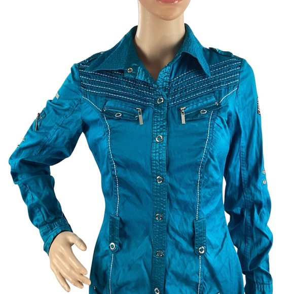 Coogi Shiny Snap Front Stretch Utility Mini Shirt Dress Teal Small - Picture 2 of 7